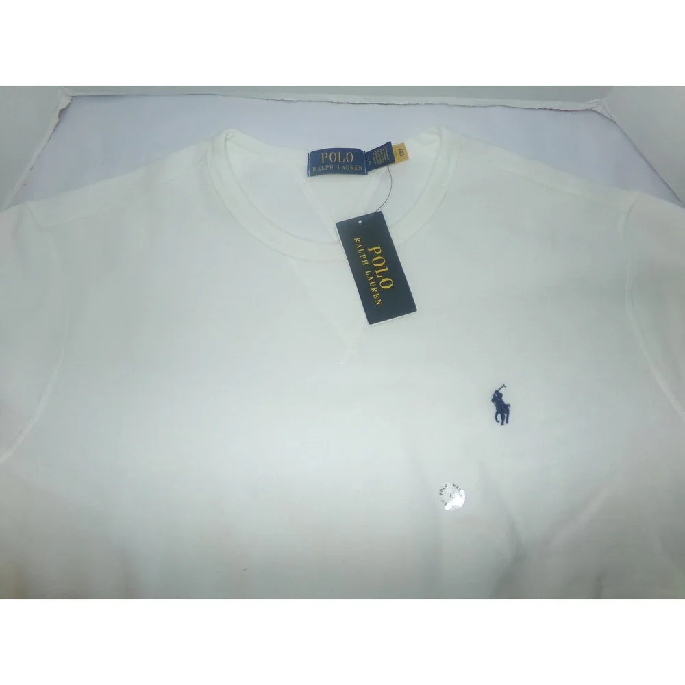 Polo Ralph Lauren Mens LRG White Fleece Crewneck Sweatshirt Navy Pony Logo NWT